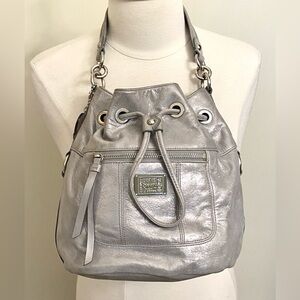 Coach Poppy Leather Vintage Silver Metallic Sheen Drawstring Bucket Bag